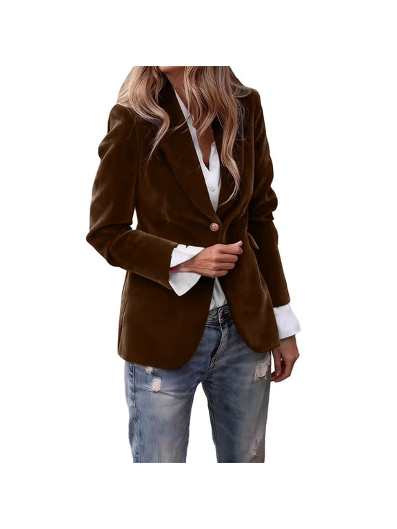 Women's Velvet Suit Blazer Jacket Casual Office Work Long Sleeve Single Button Tailored Jacket Coat Blazer with Pockets Brown S