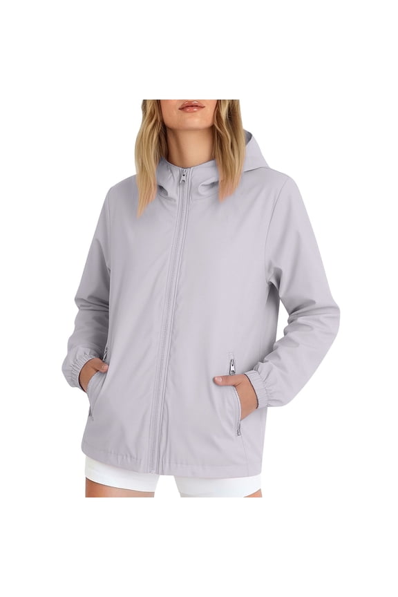Women's Waterproof Raincoat Hooded Windbreaker Rain Jacket Lightweight Zip Up Outdoor Hiking Jackets Athletic Activewear Casual Athleisure Apparel Gray L