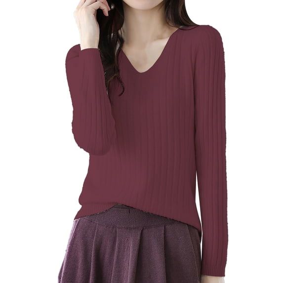 Vinsonshop Womens Basic V Neck Sweaters Long Sleeve Ribbed Knit Pullover Tops Casual Fall Clothes Winter Warm Layering Jumpers Red M