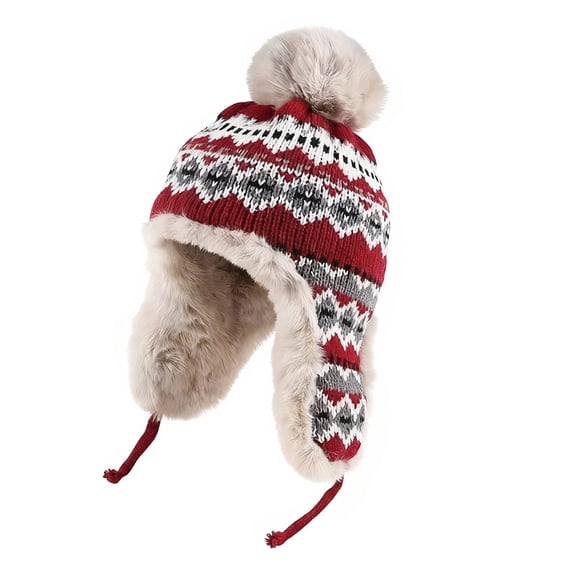 Vinsonshop Womens Beanie Trapper Hat for Women Knitted Hats for Women Fleece Lined Hat Women Knit Hat Warm Hats for Women Beanie with Ear Flaps Red One Size