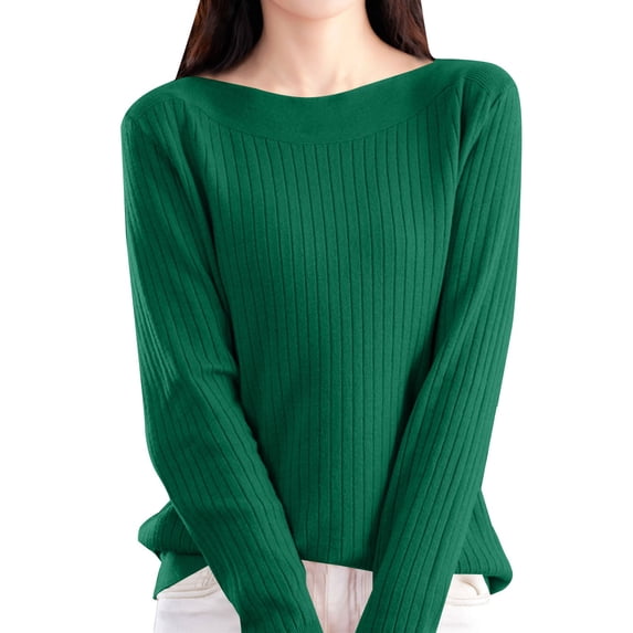 Vinsonshop Womens Boat Neck Sweaters Long Sleeve Ribbed Knit Pullover Tops Slim Fit Casual Basic Jumpers Fall Clothes Layering Army Green L