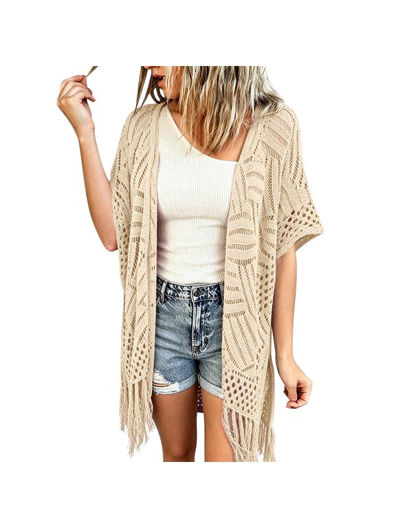 Womens Boho Cardigan Tassel Fringe Crochet Open Front Kimono Short Sleeve Hollow Out Lightweight Summer Beach Cover Up Bohemian Outerwear Beige One Size
