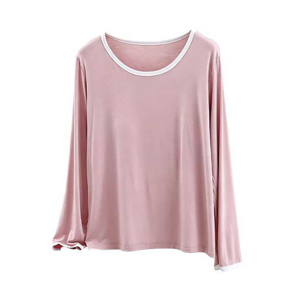 Vinsonshop Womens Built-in Bra Long Sleeve T-shirt Slim Fit Crewneck Casual Stretch Layering Tops Pink XL
