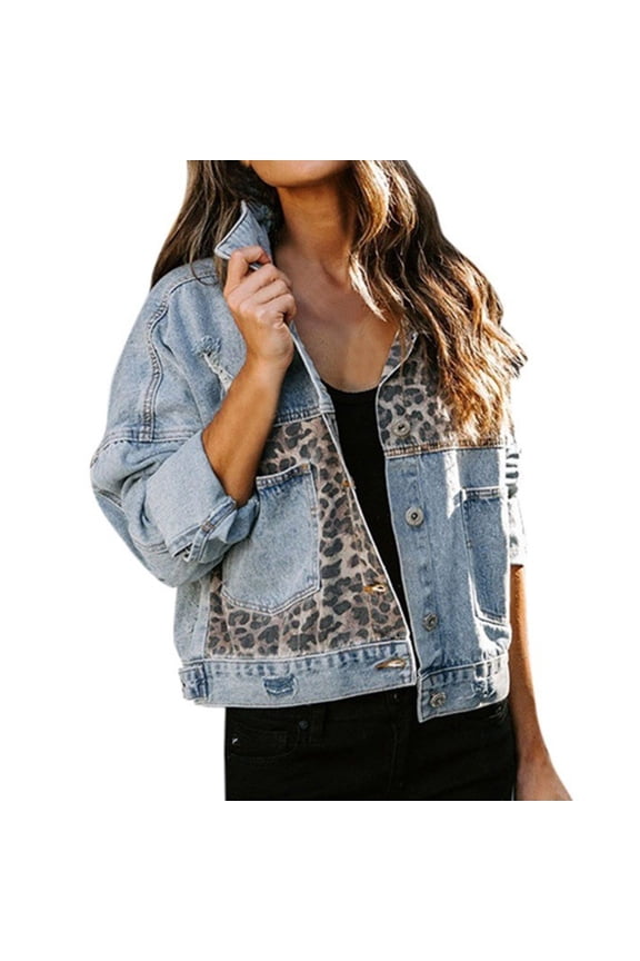 Womens Button Down Distressed Leopard Denim Jean Jacket Washed Long Sleeve Ripped Cheetah Jean Coat Blue M