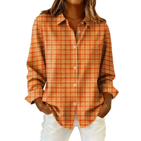 Vinsonshop Womens Button Up Shirts Plaid Shirts for Women Long Sleeve Button Up Shirts for Women Long Sleeve Collared Shirt Women Loose Shirts for Women Collared Shirts for Women Orange 5 L