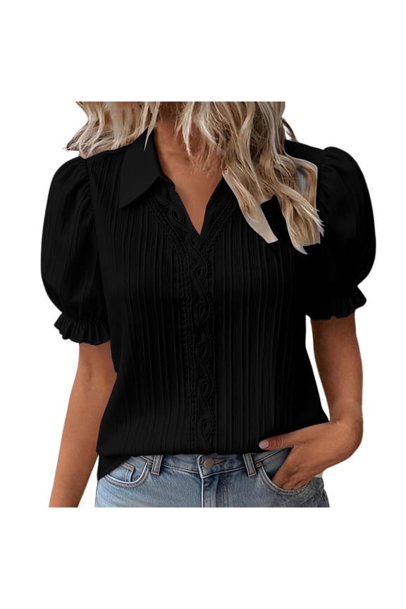 Womens Button Down Shirts Short Sleeves Blouse Puff Short Sleeve Textured Summer Shirts Office Work Tops Business Casual Womens Clothing Womens Going Out Tops (S-3XL)
