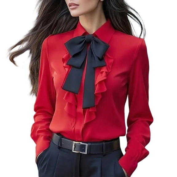 Vinsonshop Womens Button Up Shirts Tie Neck Blouse for Women Womens Dressy Tops Work Tops Women's Long Sleeve Tops Womens Work Clothes Long Sleeve Collared Shirt Women Red L