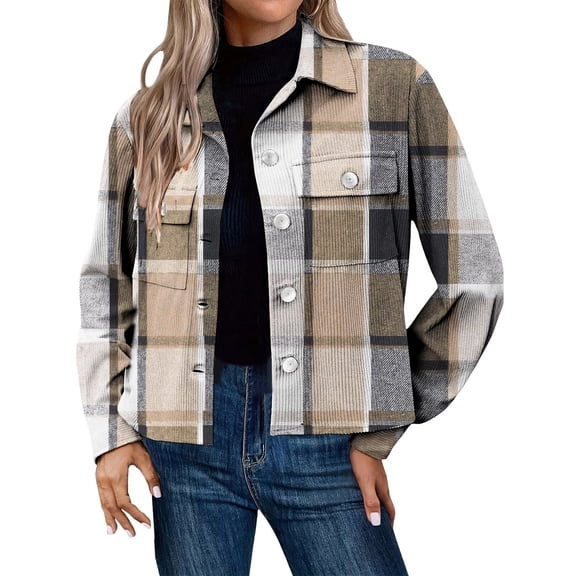 Vinsonshop Womens Corduroy Jacket Shacket Plaid Jackets for Women Plaid Coat Women Womens Coats and Jackets Cropped Shacket Women Womens Cropped Jacket Khaki M