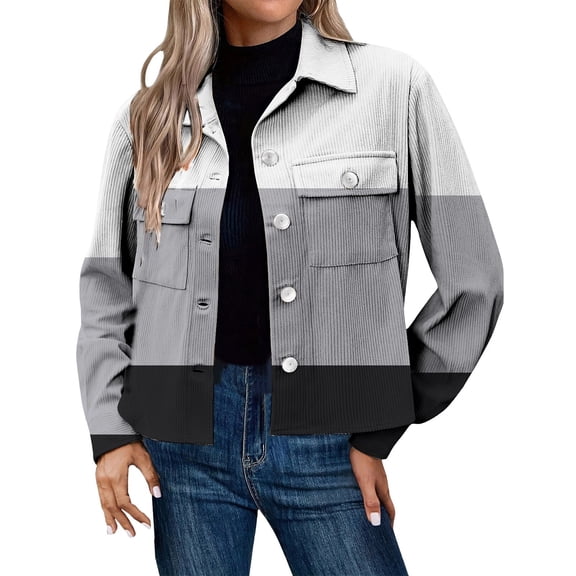 Vinsonshop Womens Corduroy Jacket Womens Shacket Plaid Jacket Cropped Coat Spring Jackets Womens Coats and Jackets Business Casual Jackets for Women Gray XL