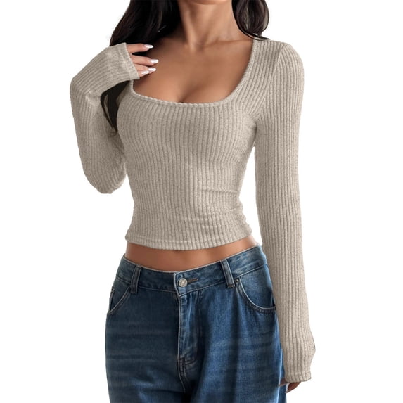 Vinsonshop Womens Cropped Square Neck Sweaters Long Sleeve Ribbed Knit Pullover Tops Slim Fit Casual Basic Jumpers Fall Clothes Y2k Beige L