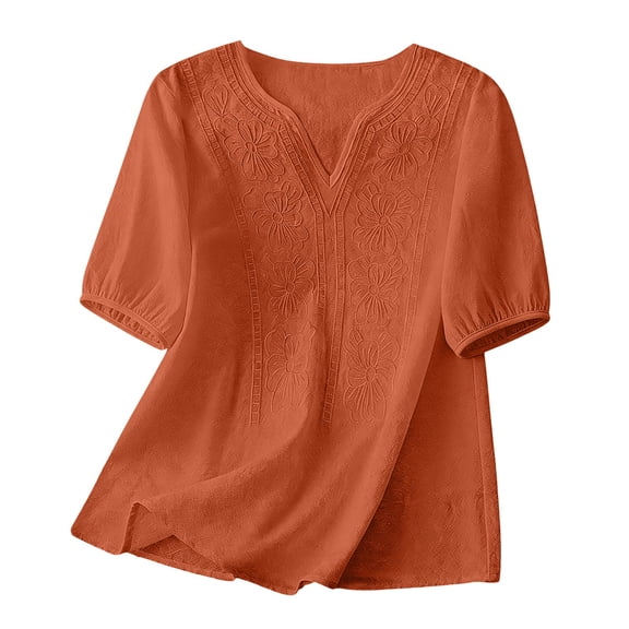 Vinsonshop Womens Embroidered Cotton Linen Shirts Bohemian Tops Blusas De Lino Para Mujer Puff 3/4 Sleeve Elbow Sleeve Bohemian Cotton Linen Blouse Womens Linen Clothing Orange L