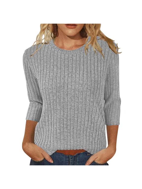Womens Fall Clothes 3/4 Sleeve Sweaters Crewneck Ribbed Knit Pullover Tops Casual Basic Jumpers Spring Layering Gray S