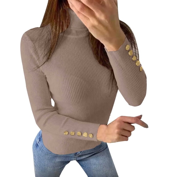 Vinsonshop Womens Fall Clothes Turtleneck Sweaters Long Sleeve Ribbed Knit Pullover Tops Slim Fit Casual Button Cuffs Jumpers Winter Warm Layering Khaki XL