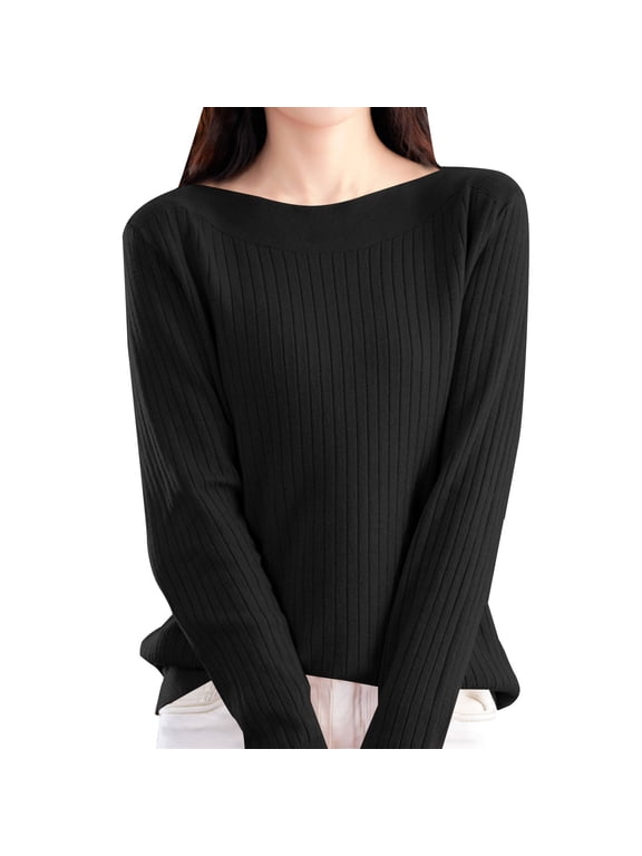 Womens Fall Sweaters Boat Neck Long Sleeve Ribbed Knit Tops Slim Fit Casual Basic Pullover Jumpers Clothes Everyday Black XL