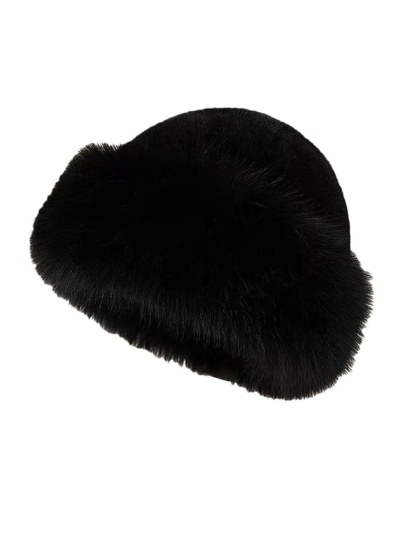 Womens Faux Fur Hat Winter Thickened Bucket Hat Warm Faux Fur Hats Plush Mongolian Hats Russian Beret for Women Black