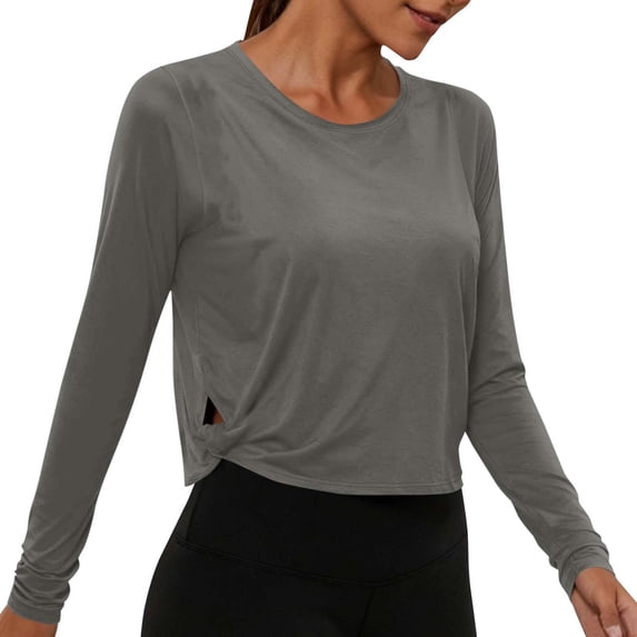 Vinsonshop Womens Gym Tops Long Sleeve Workout Shirts Athletic Activewear Crew Neck Side Twist Hem Loose Fit Yoga Running T-shirts Lightweight Breathable Exercise Tees Gray XXL