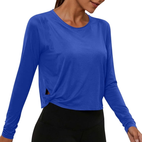Vinsonshop Womens Gym Tops Long Sleeve Workout Shirts Athletic Activewear Crew Neck Side Twist Hem Loose Fit Yoga Running T-shirts Lightweight Breathable Exercise Tees Blue XXL