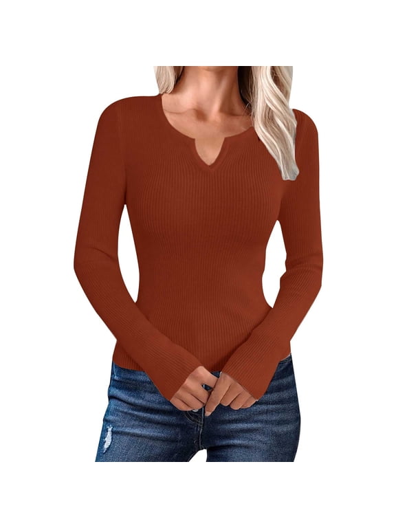 Womens Lightweight Sweaters Long Sleeve Notch Neck Ribbed Knit Pullover Tops Casual Basic Jumpers Fall Clothes Winter Layering Gold XL