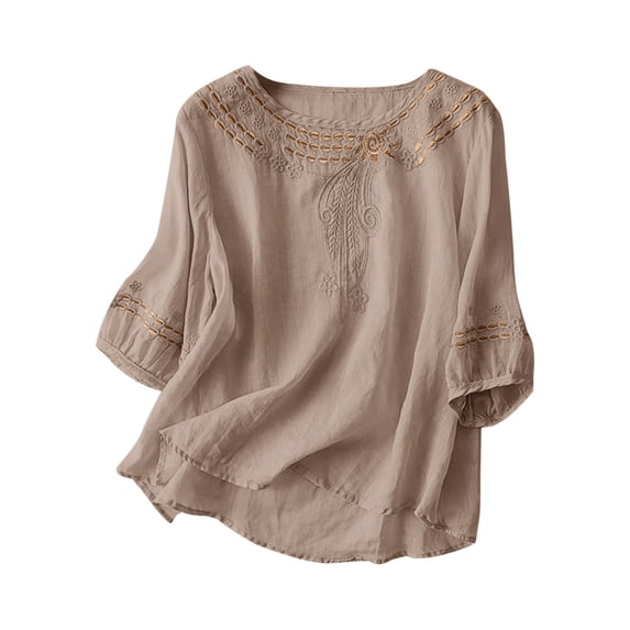 Vinsonshop Womens Linen Shirt Embroidered Boho Tops Womens Clothing Bohemian Blouses Summer Clothes Gauze Shirts Loose Floral Gauze Tunics Embroidered Tops Curved Hem Khaki XL
