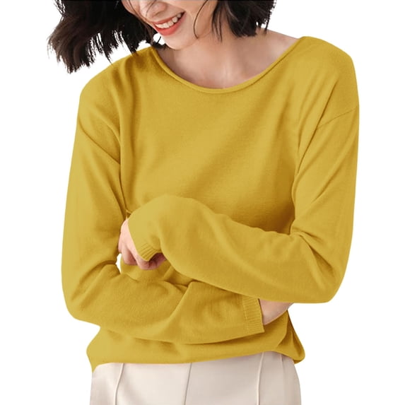 Vinsonshop Womens Long Sleeve Crewneck Sweaters Casual Ribbed Knit Pullover Tops Basic Jumpers Fall Clothes Winter Warm Layering Tee Yellow XL