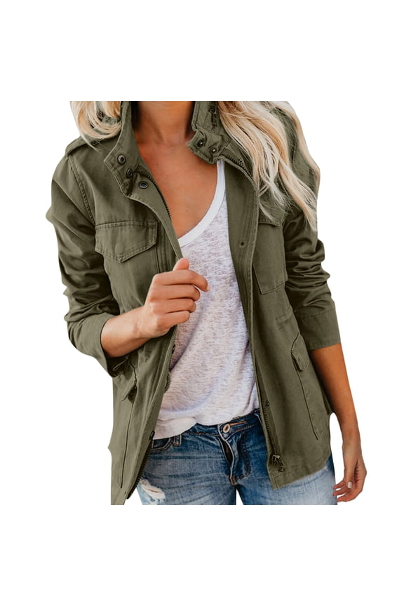 Womens Military Jacket Zip Up Snap Buttons Lightweight Utility Anorak Field Safari Coat Outwear Army Green M