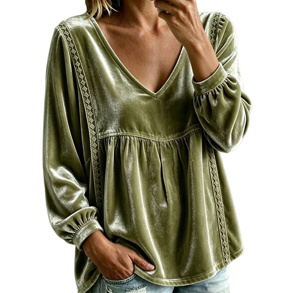 Vinsonshop Womens Peplum Velvet Blouses Elegant Long Sleeve V Neck Tops Lace Trim Velvet Babydoll Shirts Green S