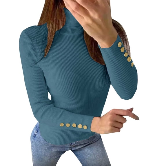 Vinsonshop Womens Ribbed Knit Sweaters Turtleneck Long Sleeve Pullover Tops Slim Fit Casual Fall Fashion Winter Warm Clothes Button Cuffs Layering Sky Blue L