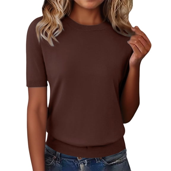 Vinsonshop Womens Short Sleeve Sweater Womens Short Sleeve Tops Sweater Tops for Women Womens Sweaters Dressy Casual Knit Tops for Women Business Casual Outfits for Women Coffee XXL