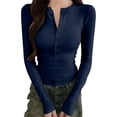 thumbnail image 1 of Vinsonshop Womens Slim Fit Henley Tops Long Sleeve Button Down V Neck Ribbed Casual Shirts Fall Everyday Basics Navy XL, 1 of 4