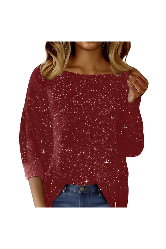 Womens Sparkle Glitter Sequin Top Long Sleeve Boat Neck Loose Pullover Shiny Knit Blouse Casual Party Festive Evening Wear Fall Winter Fashion Brick Red XXL