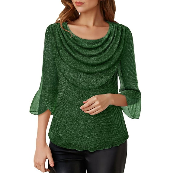 Vinsonshop Womens Sparkly Sequin Cowl Neck Top 3/4 Bell Sleeve Shiny Blouse Loose Fit Draped Pullover Casual Party Tunic Festive Holiday Evening Fall Winter Green XL