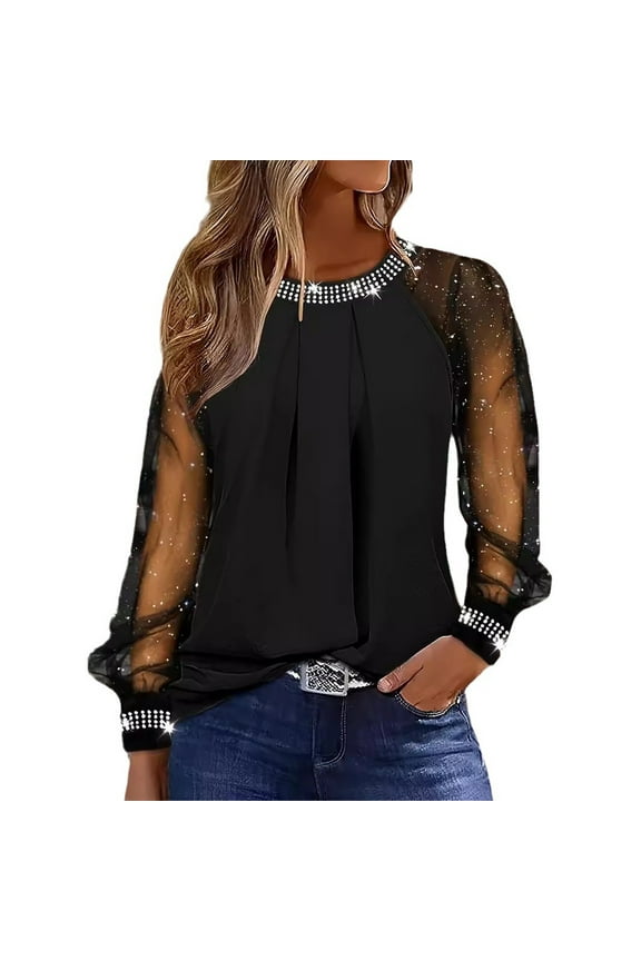 Womens Sparkly Sequin Mesh Sleeve Blouse Round Neck Beaded Long Sleeve Chiffon Top Loose Fit Tunic Casual Party Elegant Holiday Evening Fall Winter Black L