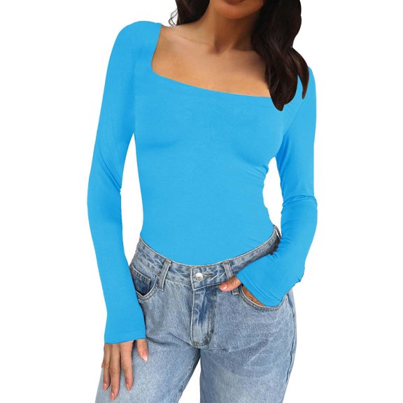 Vinsonshop Womens Square Neck Tops Long Sleeve Slim Fit Basic Tee Casual Going Out Shirts Fall Clothes Blue L