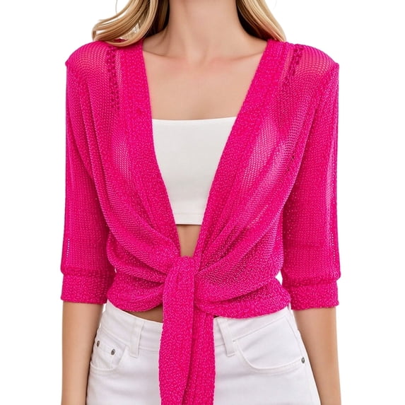 Vinsonshop Womens Tie Knot Shrug Bolero 3/4 Sleeve Sheer Cardigan Cover Up for Wedding Party Hot Pink L