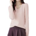 thumbnail image 1 of Vinsonshop Womens V Neck Sweaters Long Sleeve Ribbed Knit Pullover Tops Casual Fall Clothes Winter Warm Basic Jumpers Everyday Wear Beige L, 1 of 7