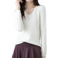 thumbnail image 1 of Vinsonshop Womens V Neck Sweaters Long Sleeve Ribbed Knit Pullover Tops Casual Fall Clothes Winter Warm Basic Jumpers Everyday Wear White L, 1 of 5