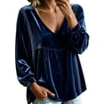 thumbnail image 1 of Vinsonshop Womens V Neck Velvet Blouses Elegant Long Lantern Sleeve Velvet Tops Lace Trim Peplum Shirts Dark Blue M, 1 of 3