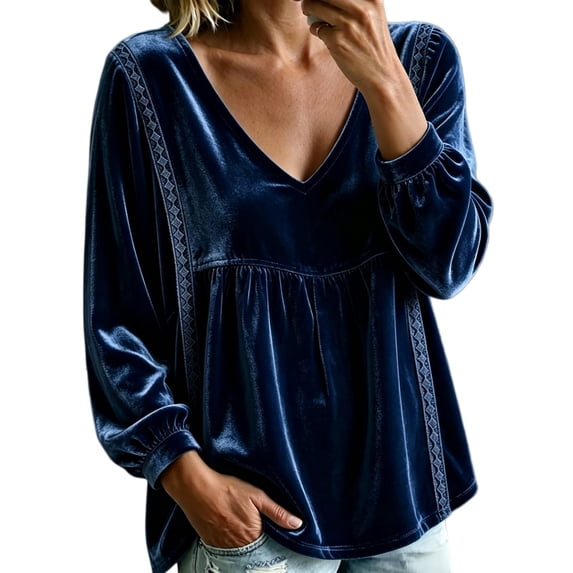 Vinsonshop Womens V Neck Velvet Blouses Elegant Long Lantern Sleeve Velvet Tops Lace Trim Peplum Shirts Dark Blue M