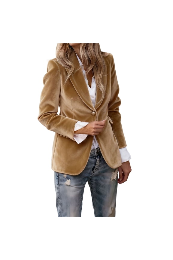 Womens Velvet Blazer Jacket Slim Fit Single Button Casual Lapel Office Dress Coat Khaki L