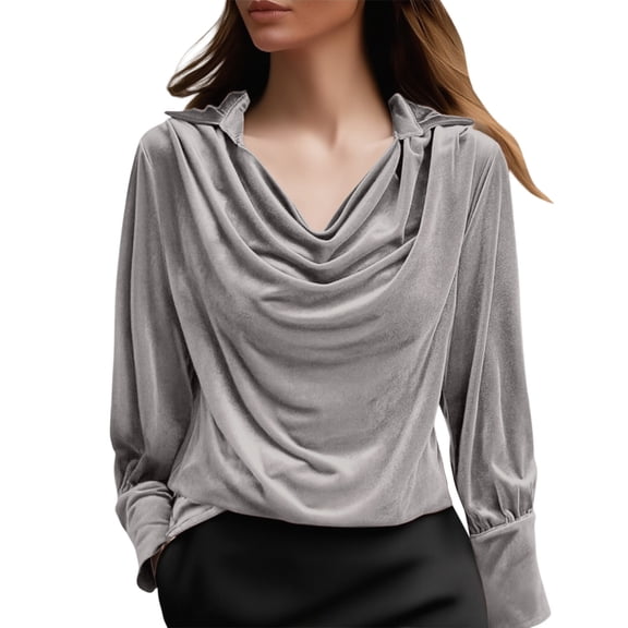 Vinsonshop Womens Velvet Cowl Neck Tunic Long Sleeve Shiny Draped Blouse Loose Fit New Year Celebration Nye Party Elegant Holiday Evening Wear Sparkly Fall Winter Gray L
