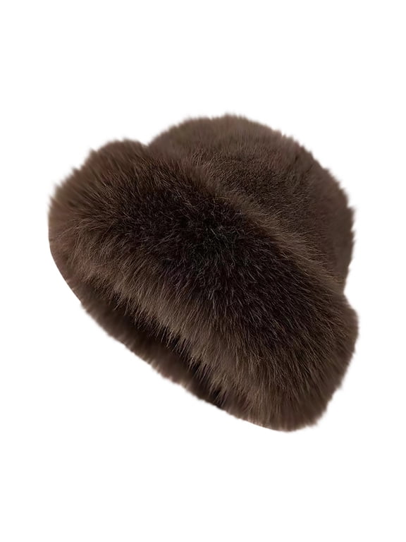 Womens Winter Faux Fur Bucket Hat, Warm Plush Hat Fluffy Fisherman Fuzzy Bucket Hat Russian Hat for Outdoor Coffee