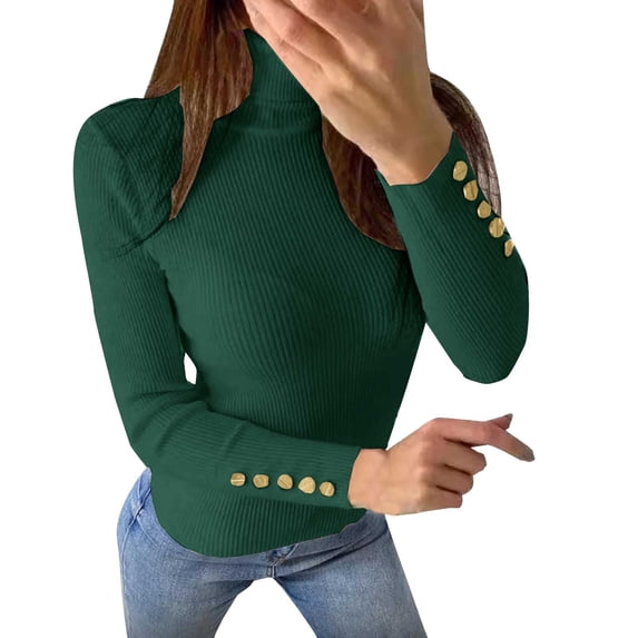 Vinsonshop Womens Winter Warm Sweaters Turtleneck Long Sleeve Ribbed Knit Tops Slim Fit Casual Basic Pullover Button Cuffs Fall Clothes Everyday Green S