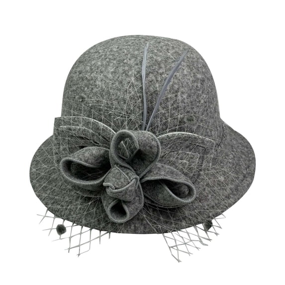Vinsonshop Wool Cloche Hat for Women Winter Bucket Hat 1920s Vintage Floral Fedoras Hat Gray