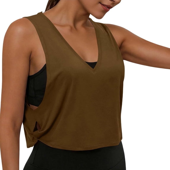 Vinsonshop Workout Tank Tops Woman, Large Armhole Tank Tops for Women Workout Sport Athletic Yoga Running Gym Loose Crop Sleeveless Shirts Brown XXL