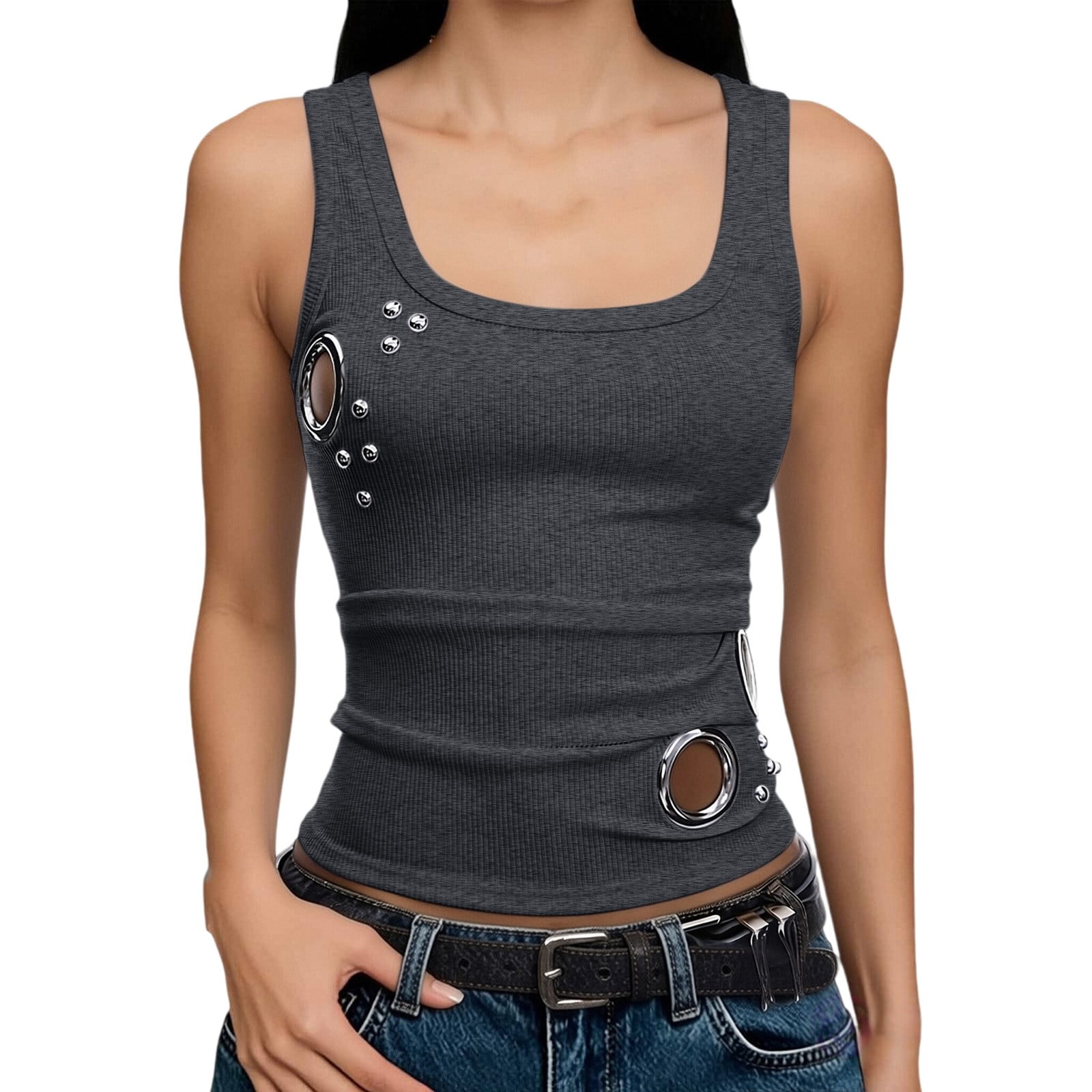Vinsonshop Y2k Tank Tops for Women Metal Grommet Eyelet Studded