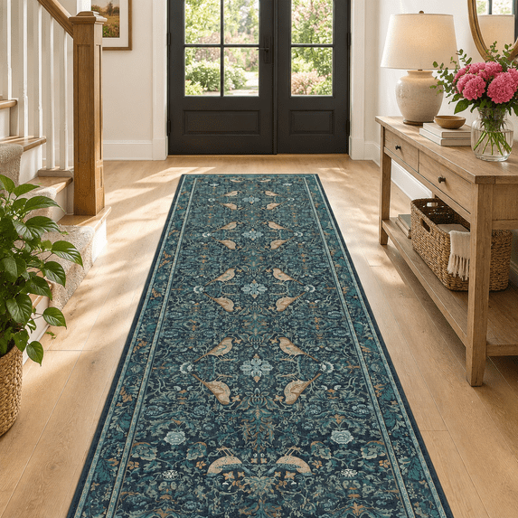 Vint3x12 Wide Hallway Runner Rug Blue Plant & Bird Pattern Fldesign ...