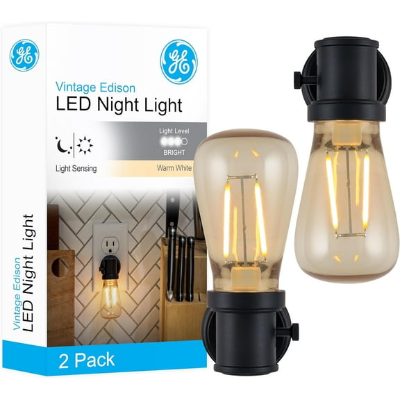 Vinta LED Edison Night Lights Plug Into Wall, 2-Pack, Dusk to Dawn Auto Sensor, Warm White, Adjustable Brightness Plug in Nightlight with Manual On/Off/High/Low Switch, Perfect for Adults