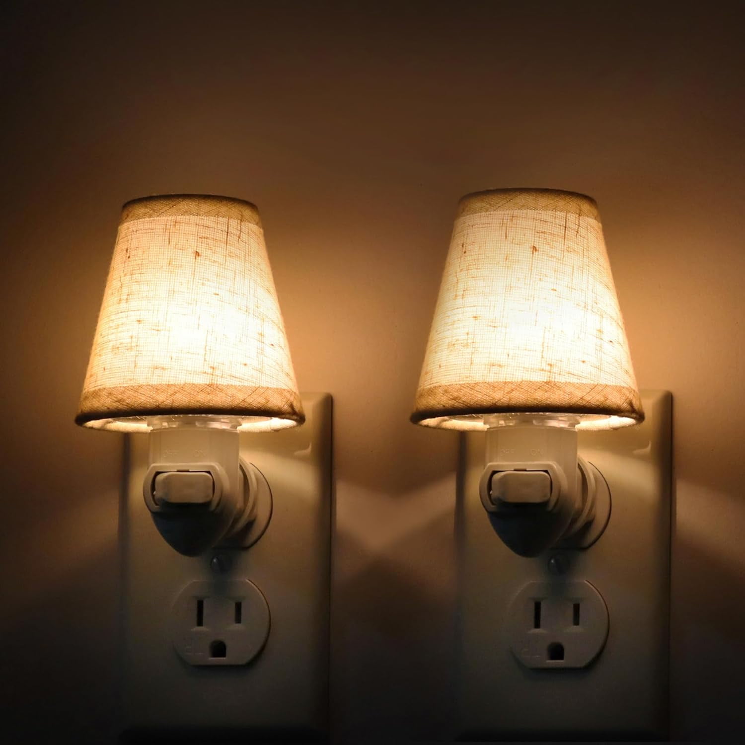 Vinta Plug in Night Light with Switch, 2-Pack 0.5W LED Night Lights Plug into Wall Socket, Soft Warm Baby Nursery Nightlight with Linen Fabric Lamp Shade for Adult Kids Room Bathroom Hallway