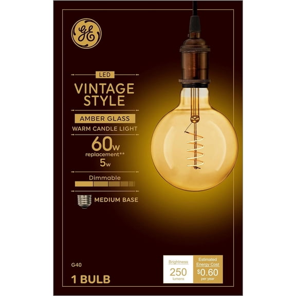 Vinta Style LED Globe Light Bulb, 5 Watts (60 Watt Equivalent) Warm Candle Light, Amber Glass, Medium Base, Dimmable (1 Pack)