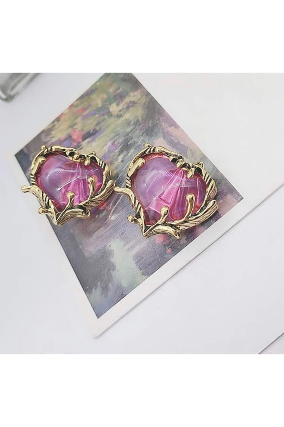 Vintage 1 1/4" clip on gold vine edge purple stone heart earrings